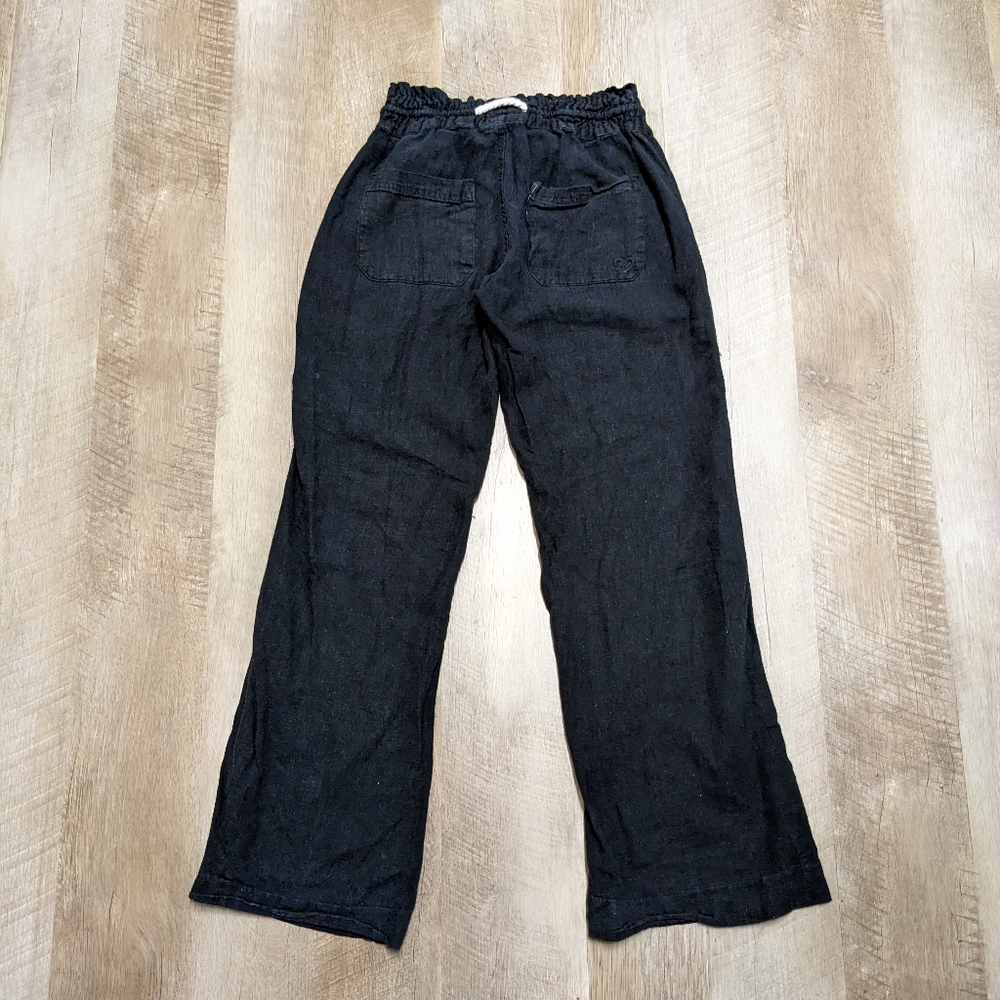 Roxy Black Flax Linen Blend Stretch Waist Pants Flared